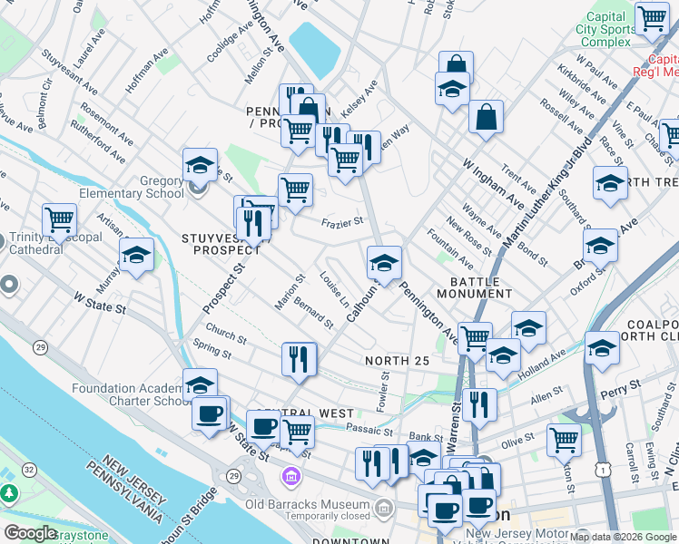 map of restaurants, bars, coffee shops, grocery stores, and more near 49 Rolling Drive in Trenton