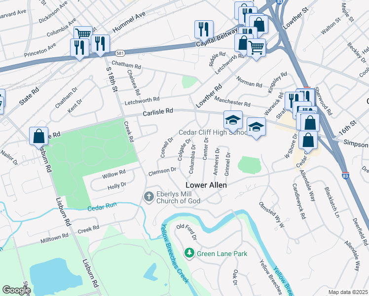 map of restaurants, bars, coffee shops, grocery stores, and more near 16 Citadel Drive in Camp Hill