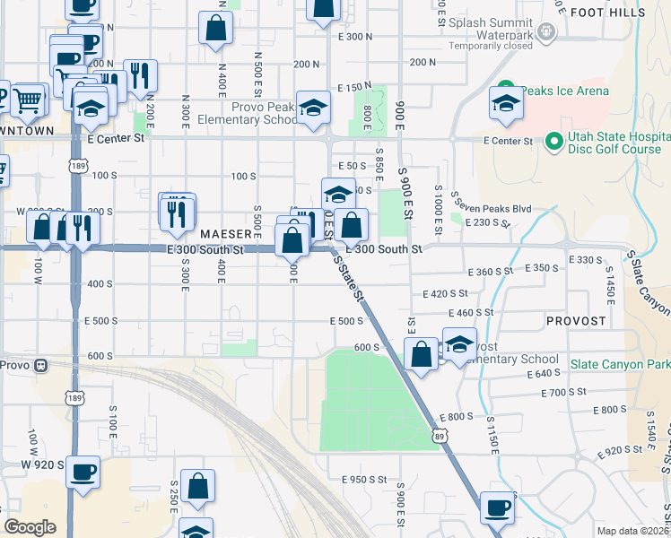 map of restaurants, bars, coffee shops, grocery stores, and more near 701 400 South in Provo