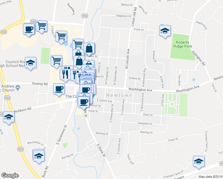 map of restaurants, bars, coffee shops, grocery stores, and more near 216 Washington Avenue in Newtown