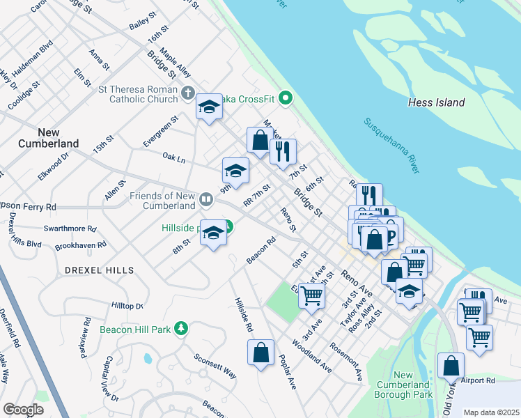 map of restaurants, bars, coffee shops, grocery stores, and more near 603 Brandt Avenue in New Cumberland