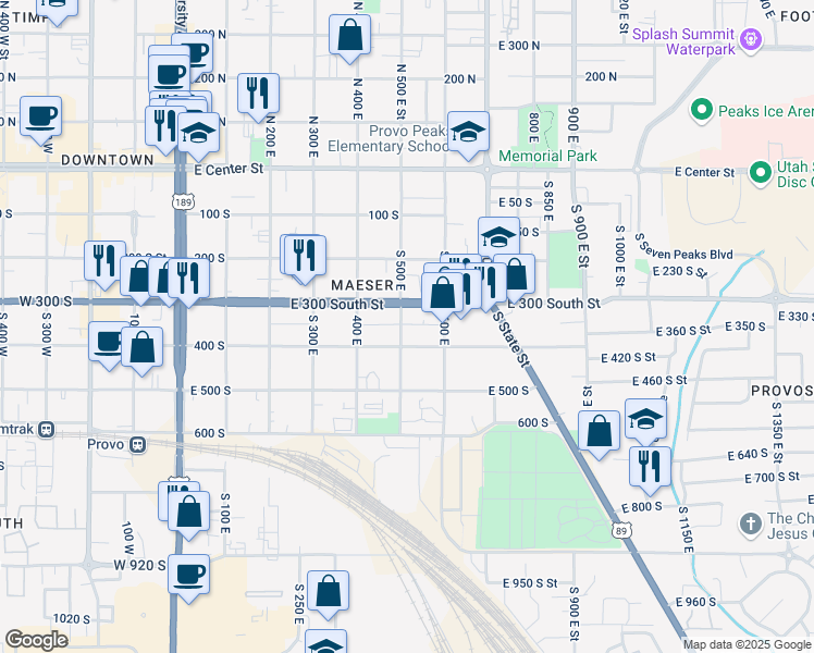 map of restaurants, bars, coffee shops, grocery stores, and more near 355 South 500 East in Provo