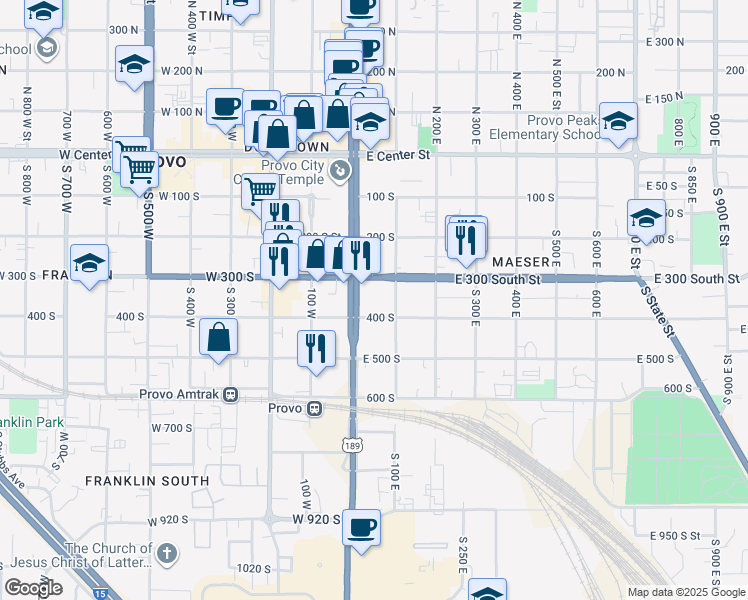 map of restaurants, bars, coffee shops, grocery stores, and more near 391 U.S. 189 in Provo