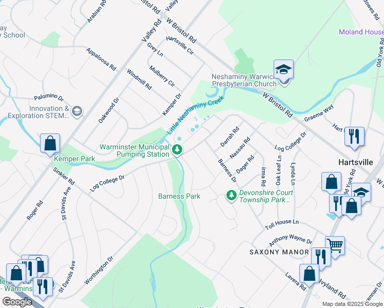 map of restaurants, bars, coffee shops, grocery stores, and more near 1009 Log College Drive in Warminster