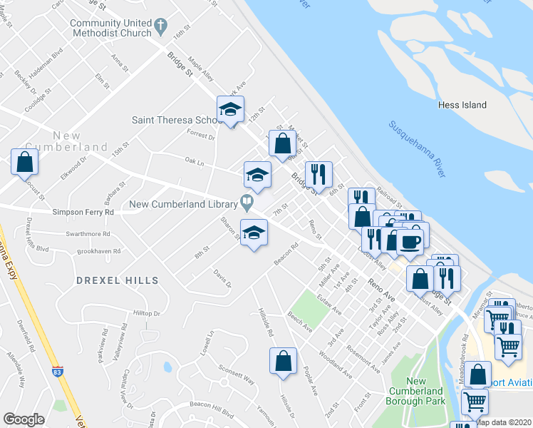 map of restaurants, bars, coffee shops, grocery stores, and more near 437 7th Street in New Cumberland