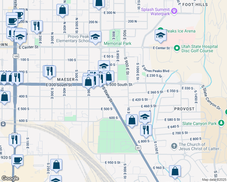 map of restaurants, bars, coffee shops, grocery stores, and more near 373 South State Street in Provo