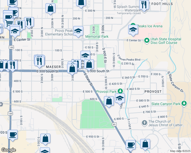 map of restaurants, bars, coffee shops, grocery stores, and more near 381 South State Street in Provo