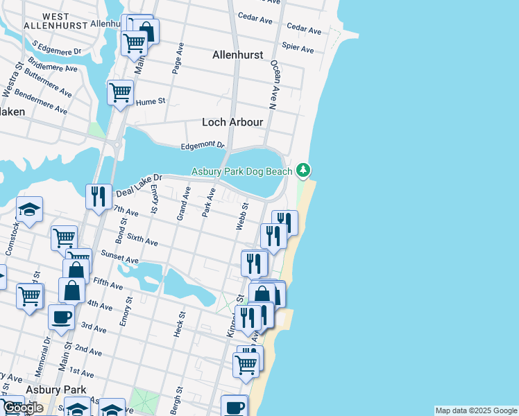 map of restaurants, bars, coffee shops, grocery stores, and more near 200 Deal Lake Drive in Asbury Park