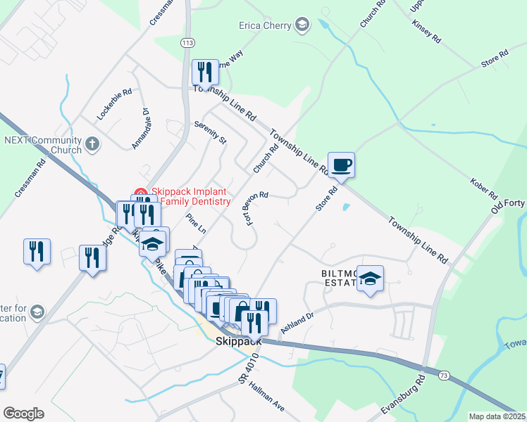 map of restaurants, bars, coffee shops, grocery stores, and more near 4015 Salem Circle in Harleysville