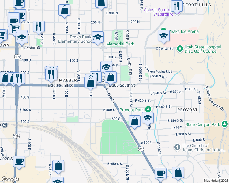 map of restaurants, bars, coffee shops, grocery stores, and more near 1073 400 South in Provo