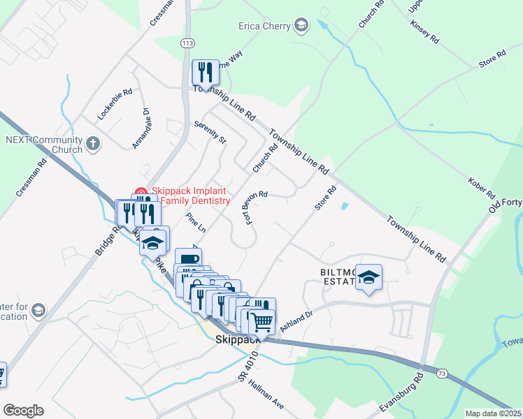 map of restaurants, bars, coffee shops, grocery stores, and more near 4015 Salem Circle in Harleysville