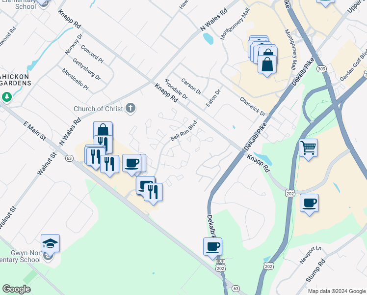 map of restaurants, bars, coffee shops, grocery stores, and more near 1803 Harvard Drive in North Wales