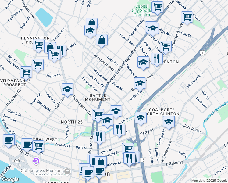 map of restaurants, bars, coffee shops, grocery stores, and more near 36 Middle Rose Street in Trenton