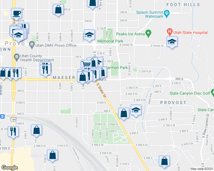 map of restaurants, bars, coffee shops, grocery stores, and more near 1073 400 South in Provo