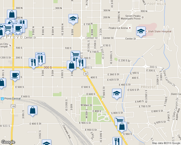 map of restaurants, bars, coffee shops, grocery stores, and more near 1073 400 South in Provo