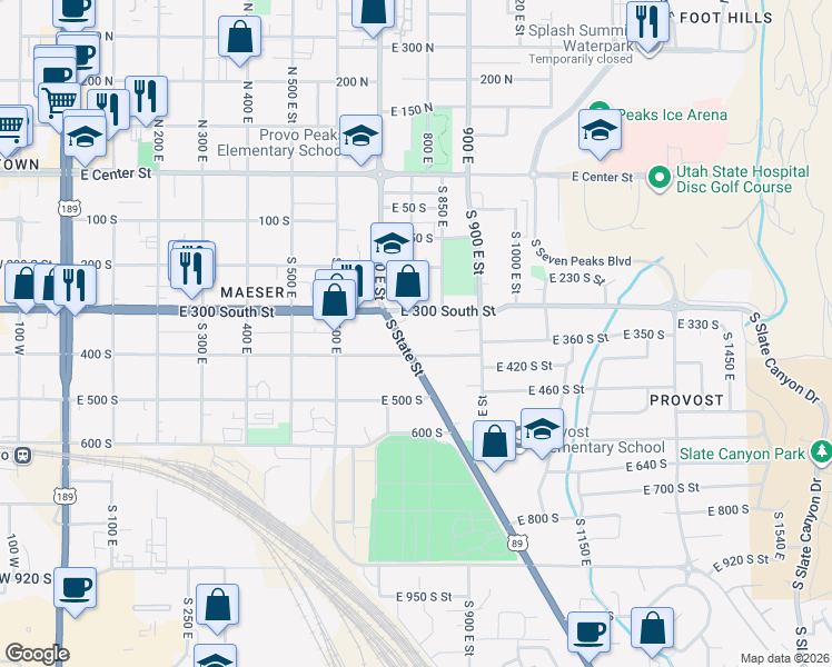 map of restaurants, bars, coffee shops, grocery stores, and more near 1073 400 South in Provo