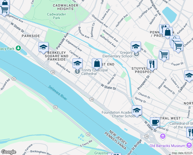 map of restaurants, bars, coffee shops, grocery stores, and more near 3 General Greene Avenue in Trenton