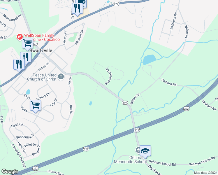 map of restaurants, bars, coffee shops, grocery stores, and more near 1 Rosemont Drive in Denver