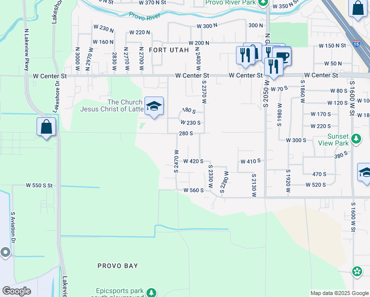 map of restaurants, bars, coffee shops, grocery stores, and more near 348 South 2430 West in Provo