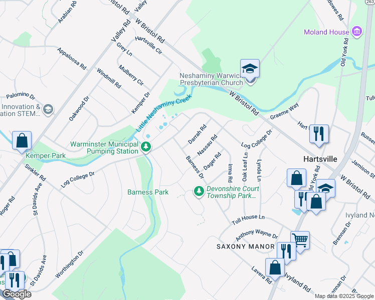 map of restaurants, bars, coffee shops, grocery stores, and more near 1337 Barness Drive in Warminster
