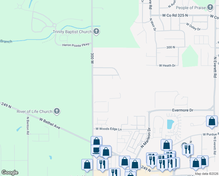 map of restaurants, bars, coffee shops, grocery stores, and more near Classic in Muncie