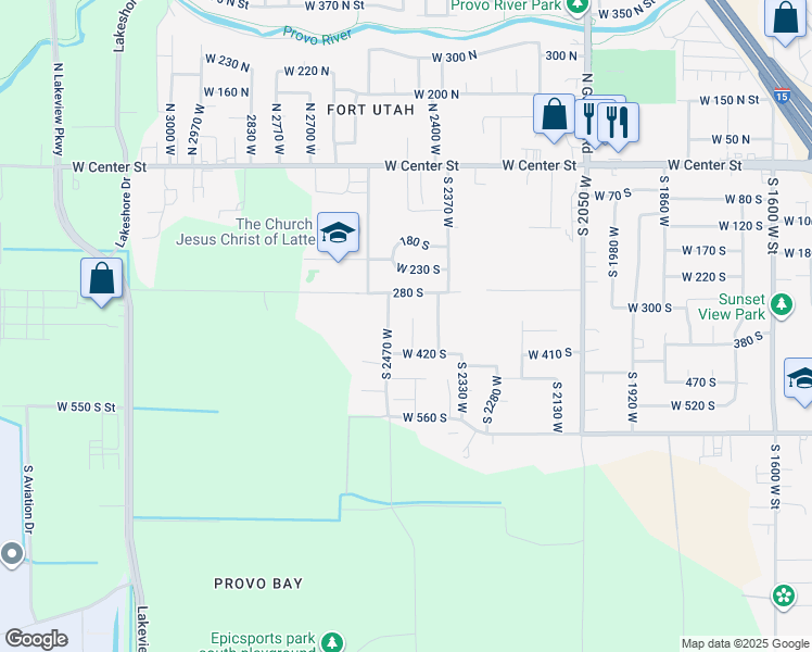 map of restaurants, bars, coffee shops, grocery stores, and more near 348 South 2430 West in Provo