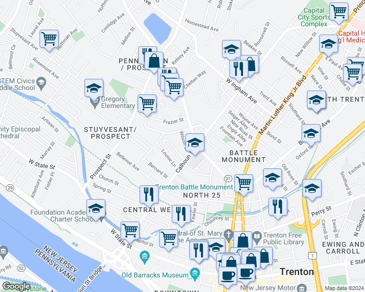 map of restaurants, bars, coffee shops, grocery stores, and more near 25 Wilson Street in Trenton