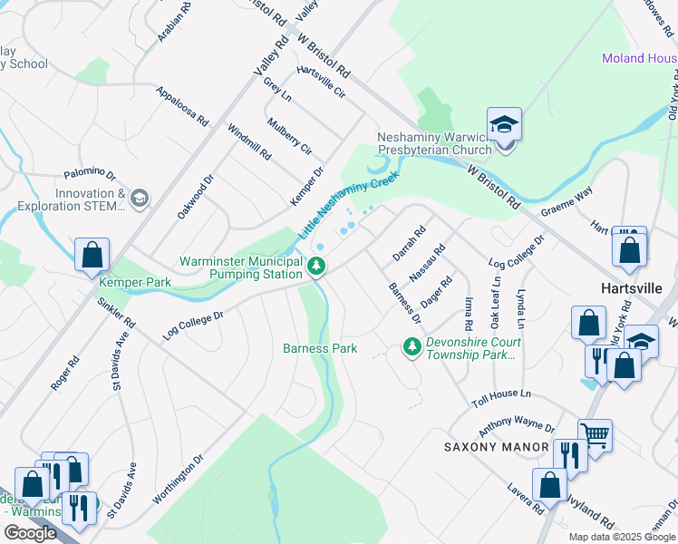 map of restaurants, bars, coffee shops, grocery stores, and more near 1009 Log College Drive in Warminster
