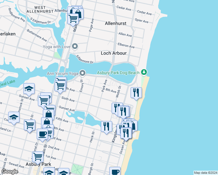 map of restaurants, bars, coffee shops, grocery stores, and more near 315 8th Avenue in Asbury Park