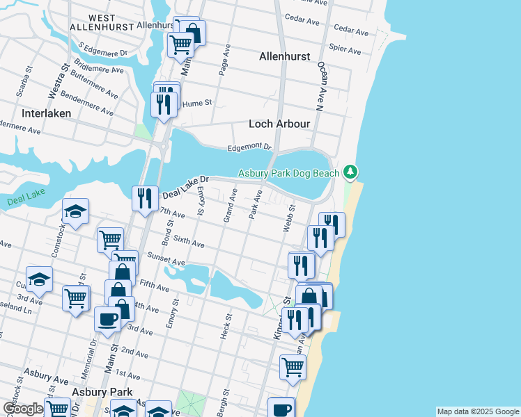 map of restaurants, bars, coffee shops, grocery stores, and more near 1615 Park Avenue in Asbury Park