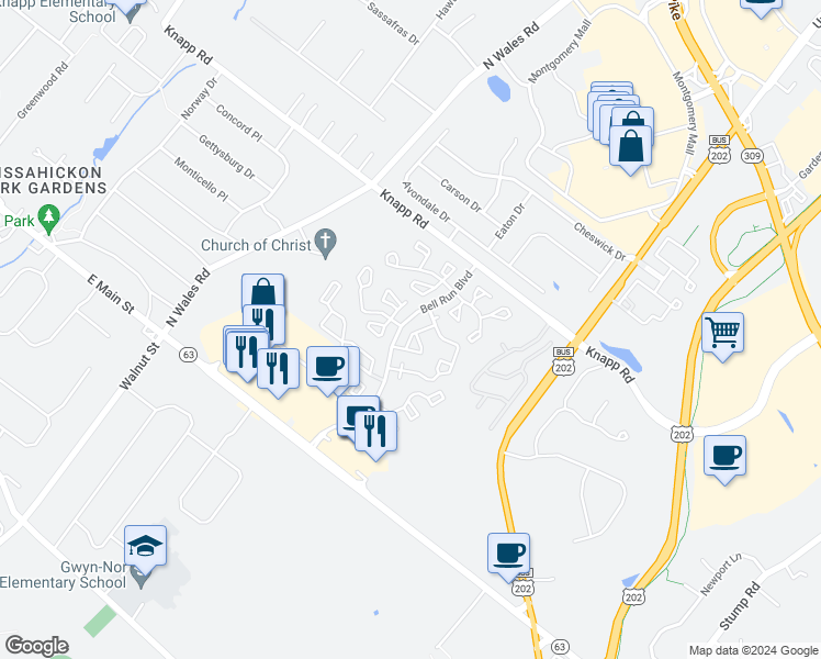 map of restaurants, bars, coffee shops, grocery stores, and more near 3600 North Carriage Court in North Wales