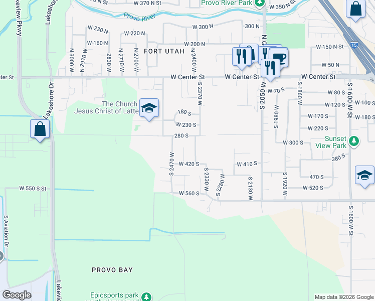 map of restaurants, bars, coffee shops, grocery stores, and more near 384 South 2430 West in Provo