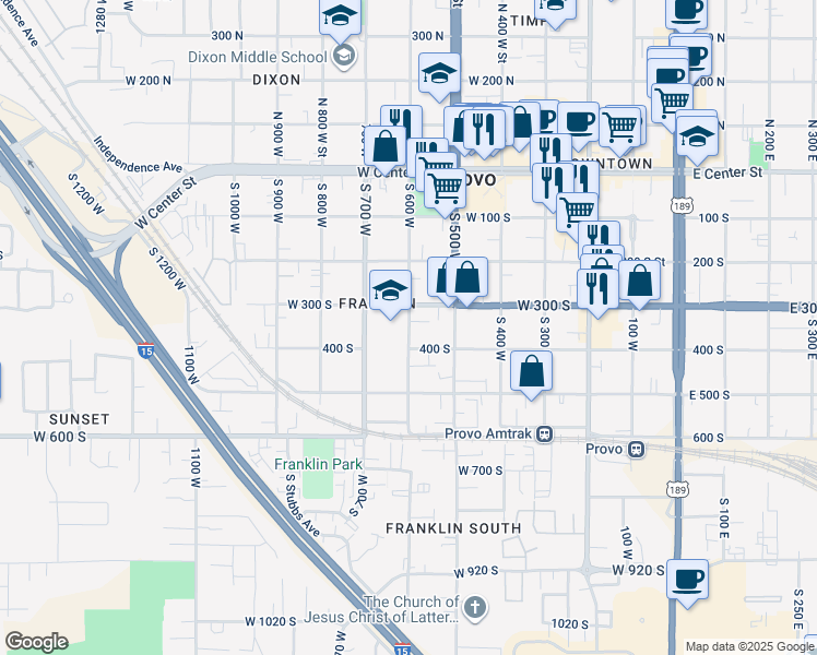 map of restaurants, bars, coffee shops, grocery stores, and more near 350 South 600 West in Provo
