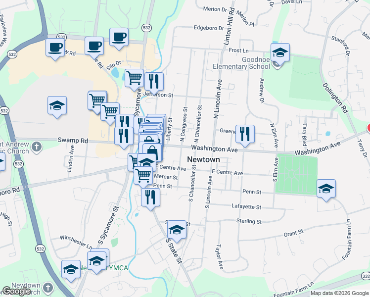 map of restaurants, bars, coffee shops, grocery stores, and more near 15 South Congress Street in Newtown