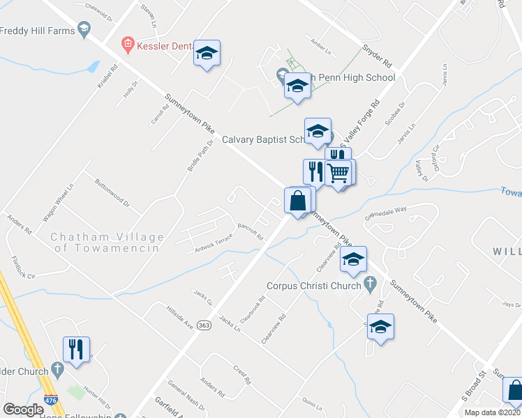 map of restaurants, bars, coffee shops, grocery stores, and more near 401 Hickory Court in Lansdale