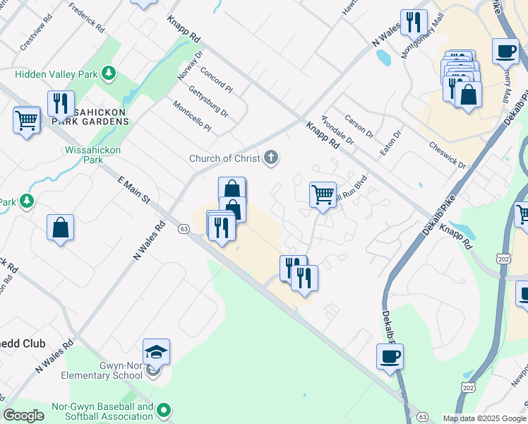 map of restaurants, bars, coffee shops, grocery stores, and more near 2207 Noras Court in North Wales