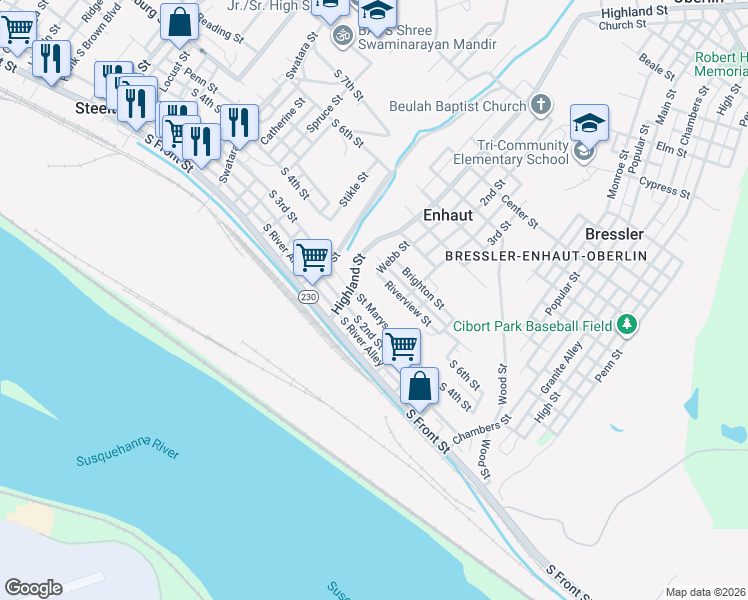 map of restaurants, bars, coffee shops, grocery stores, and more near 514 Saint Marys Drive in Steelton
