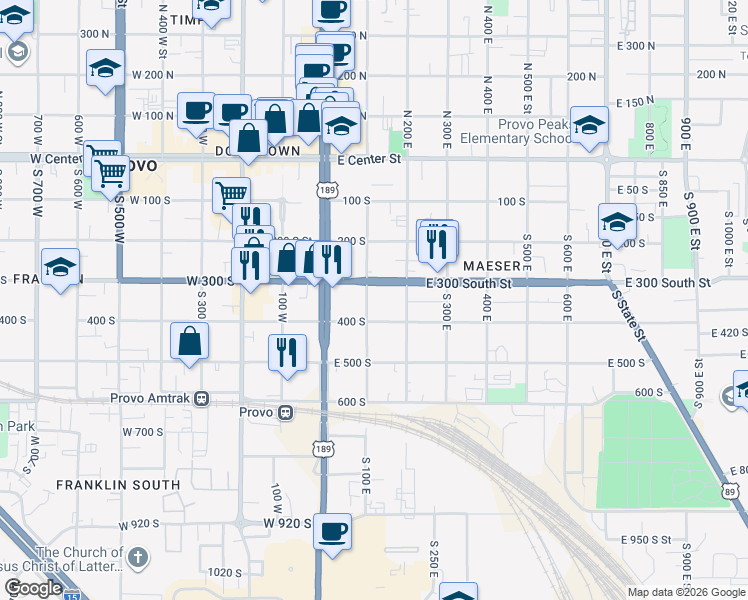 map of restaurants, bars, coffee shops, grocery stores, and more near 85 400 South in Provo
