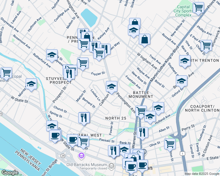 map of restaurants, bars, coffee shops, grocery stores, and more near 515 Rev S Howard Woodson Junior Way in Trenton