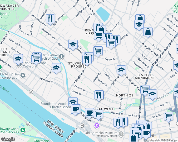 map of restaurants, bars, coffee shops, grocery stores, and more near 324 Bellevue Avenue in Trenton