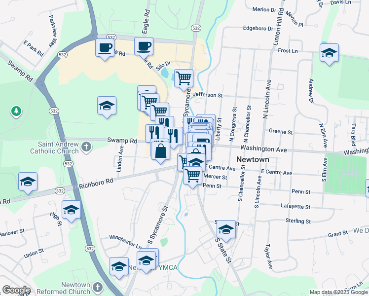 map of restaurants, bars, coffee shops, grocery stores, and more near in Bucks County