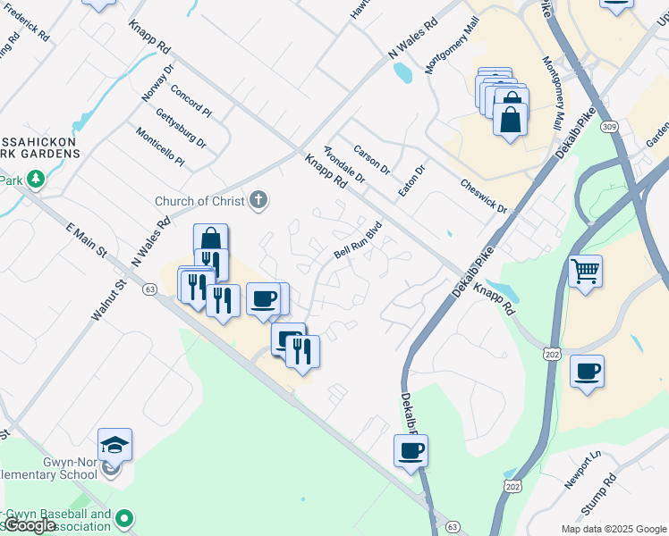 map of restaurants, bars, coffee shops, grocery stores, and more near 3602 North Carriage Court in North Wales