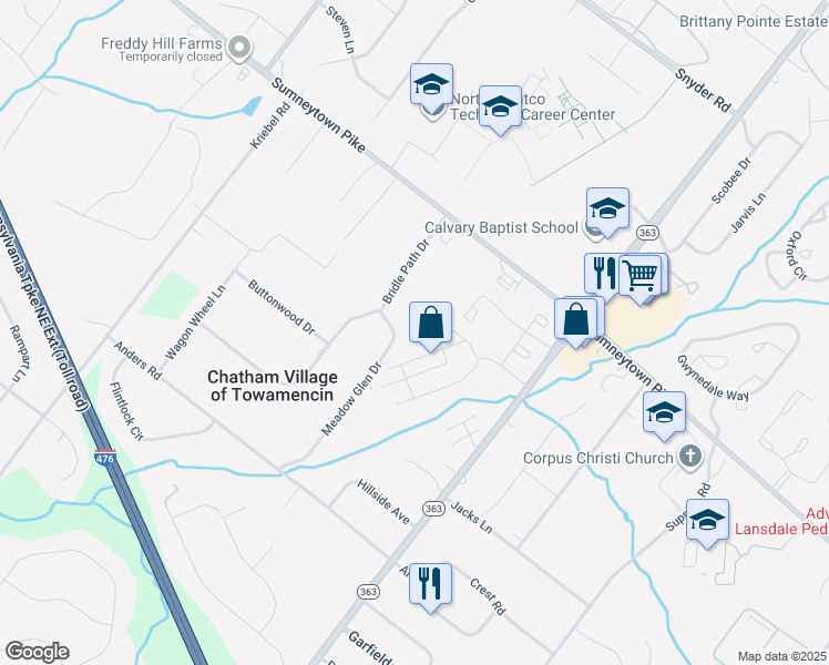 map of restaurants, bars, coffee shops, grocery stores, and more near 201 Oberlin Terrace in Lansdale