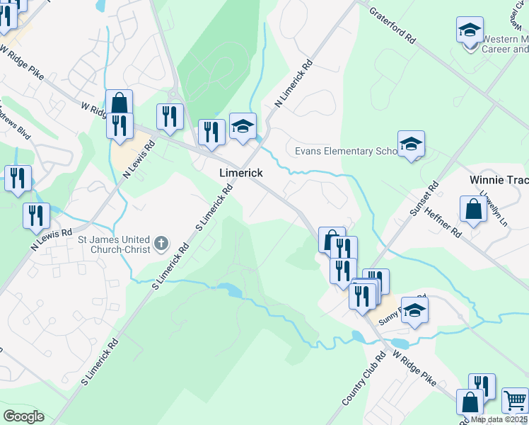 map of restaurants, bars, coffee shops, grocery stores, and more near 319 West Ridge Pike in Royersford
