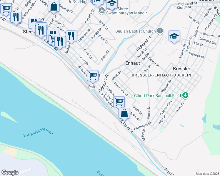 map of restaurants, bars, coffee shops, grocery stores, and more near 514 Saint Marys Drive in Steelton