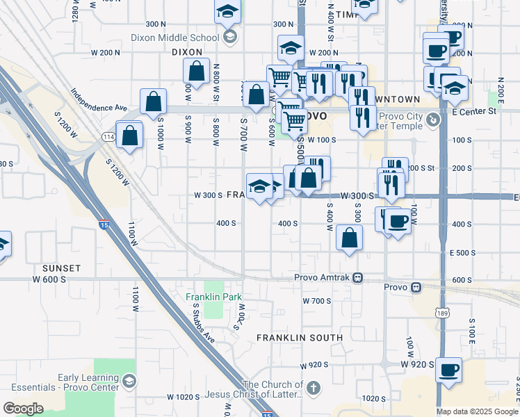 map of restaurants, bars, coffee shops, grocery stores, and more near 300 South 600 West in Provo