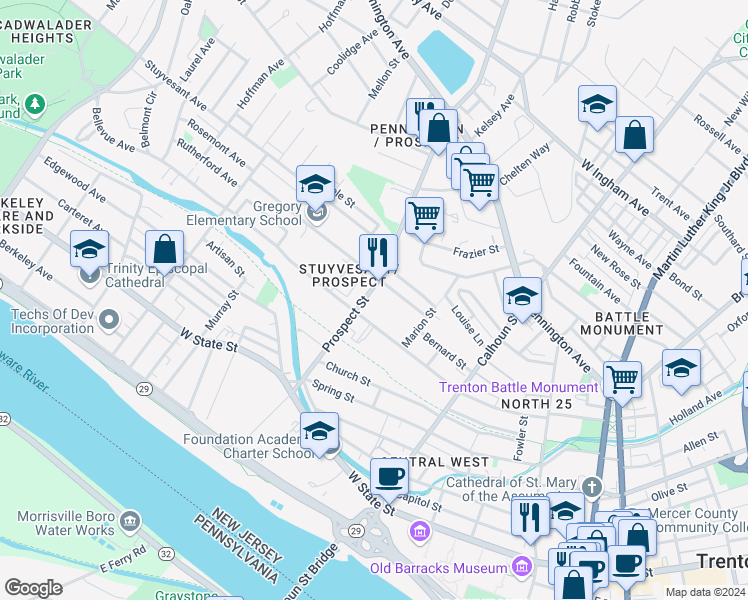 map of restaurants, bars, coffee shops, grocery stores, and more near 134 Prospect Street in Trenton