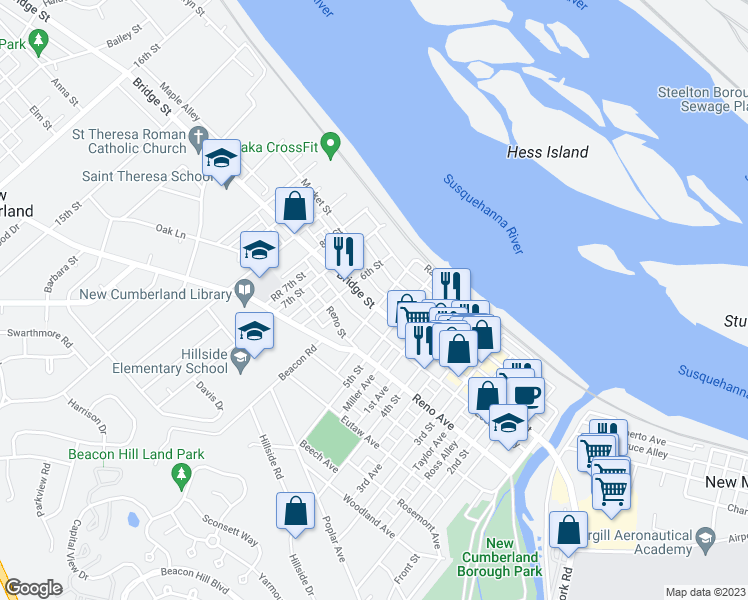 map of restaurants, bars, coffee shops, grocery stores, and more near 525 Bridge Street in New Cumberland