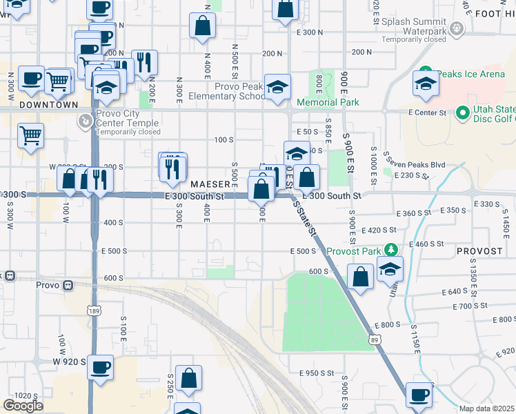 map of restaurants, bars, coffee shops, grocery stores, and more near 385 600 East in Provo
