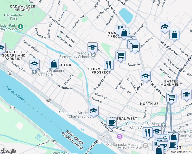 map of restaurants, bars, coffee shops, grocery stores, and more near 433 Bellevue Avenue in Trenton